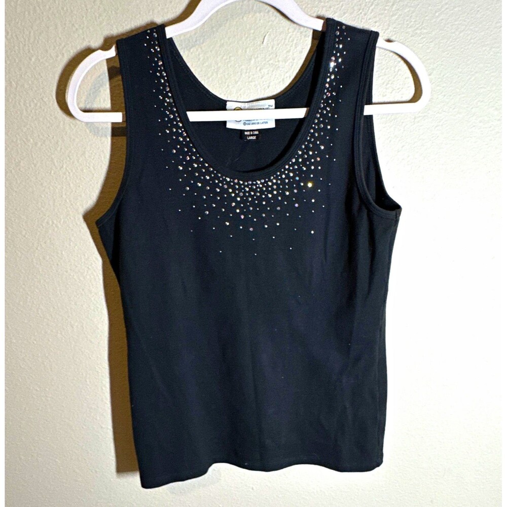 Christine Alexander Women’s Tank Top Size L Black Scoop Neck Rhinestone Stretch